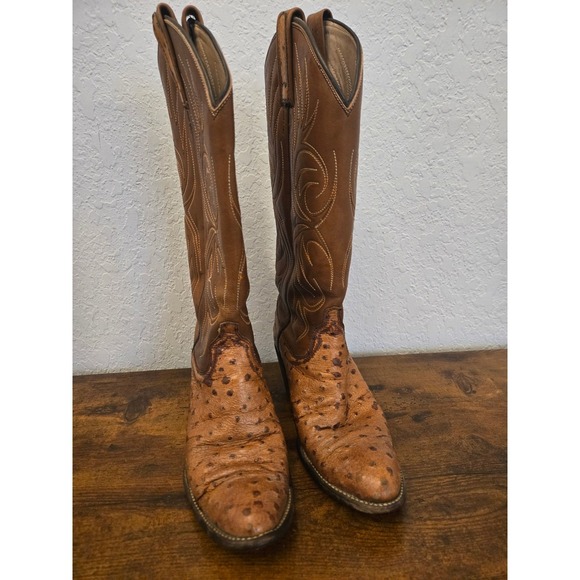 Women's Ostrich Leather Cowboy Boots Tan Western Style - Picture 3 of 10